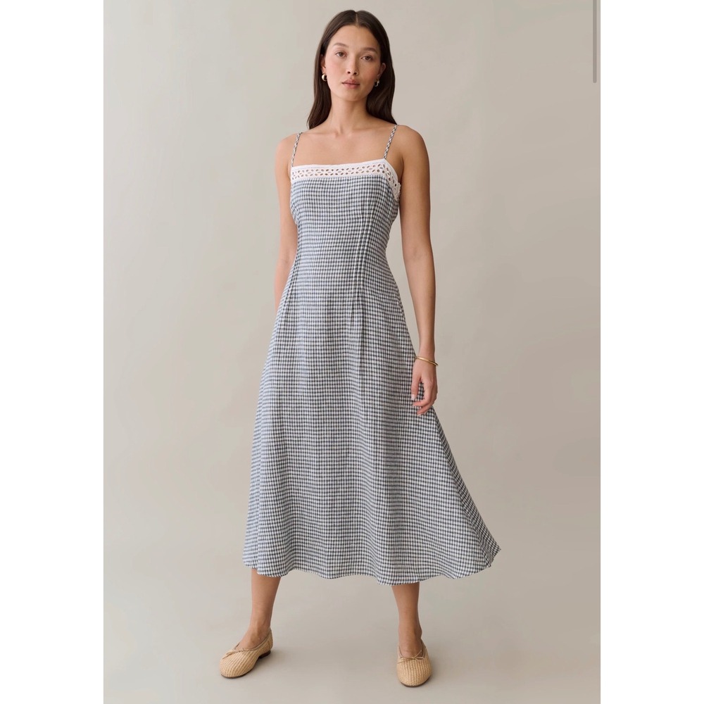 o.p.t Tanya Linen Dress Teal Gingham Eyelet Lace Midi T26WDRS04230 Size 6